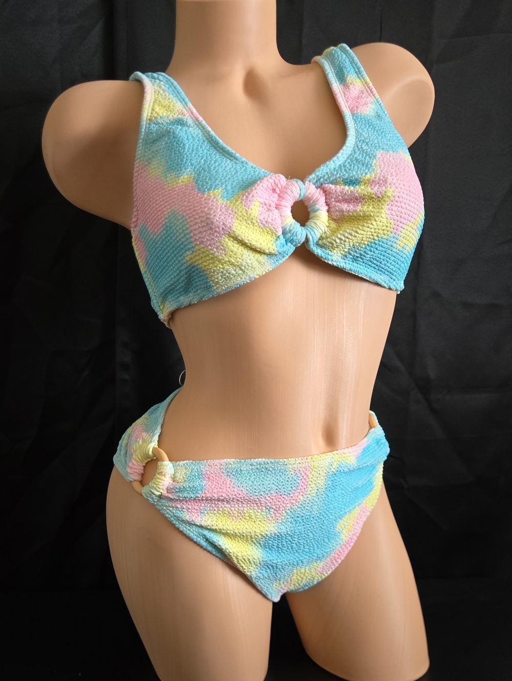 No Boundaries Pastel Tie-Dye Textured Bikini Set - Blue Pink Yellow